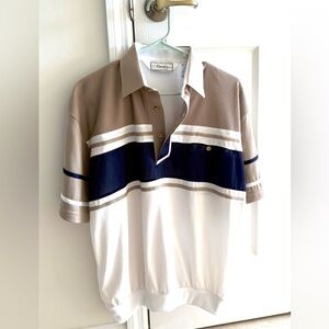 Vintage Palmland Classic Men's Tan and Navy Polo Shirt with stylish waistband